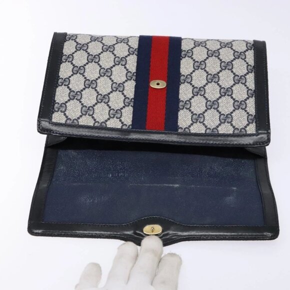 GUCCI GG Supreme Sherry Line Clutch Bag PVC Navy Gold 67 014 3087 Auth 140986 - Picture 11 of 15